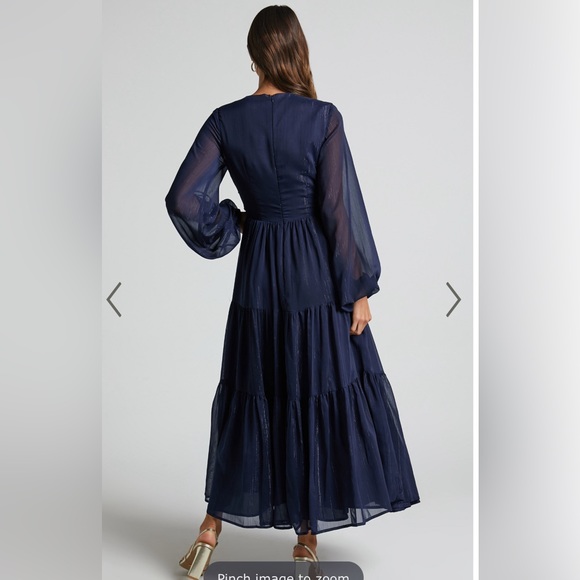 Showpo Edelyn Midi Dress cut out balloon sleeve tiered dress - navy size 12 - Picture 2 of 6